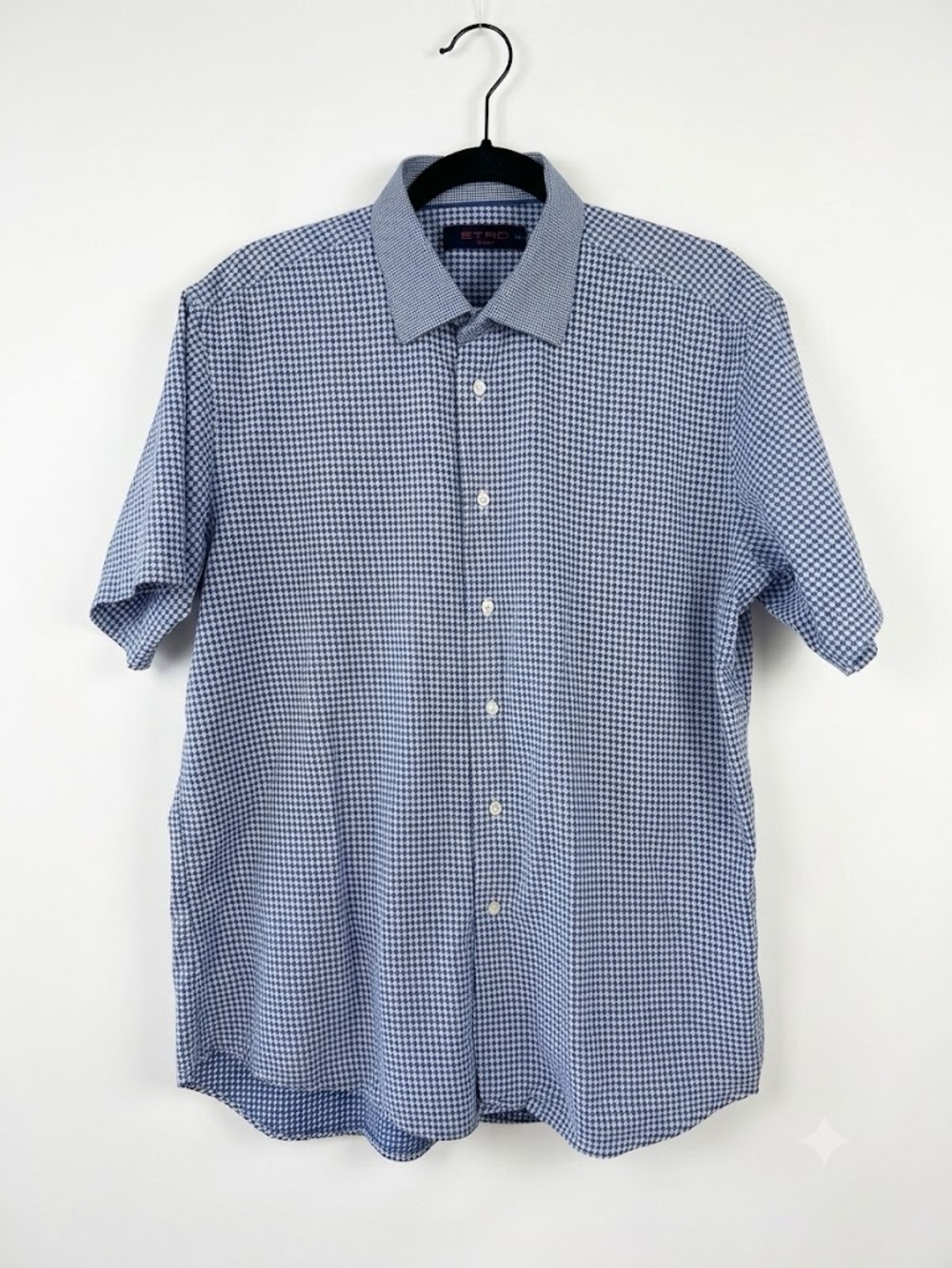 Etro Milano Plaid Houndstooth Blue Short Sleeve Button Down Shirt 44